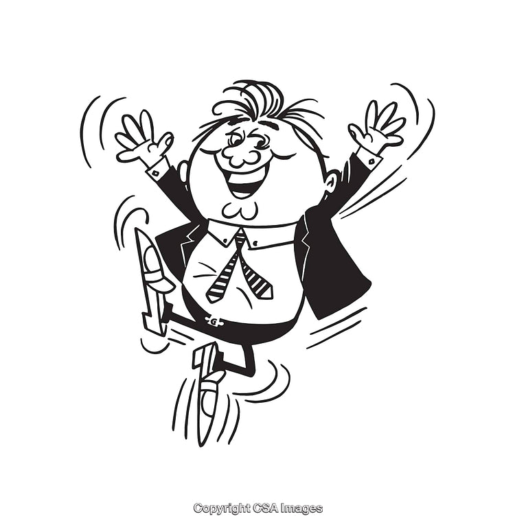 Excited Businessman Jumping with Joy in Black and White Line Art