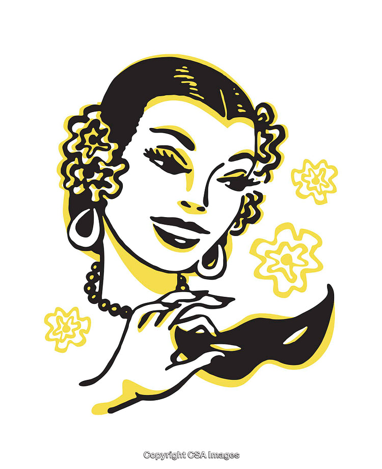 Retro Illustration of a Woman Holding a Mask With Floral Accents