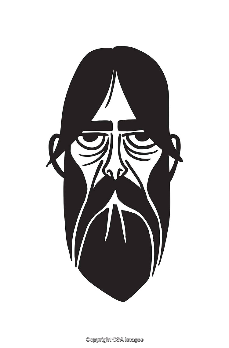 Black and White Line Art Illustration of a Serious Bearded Face