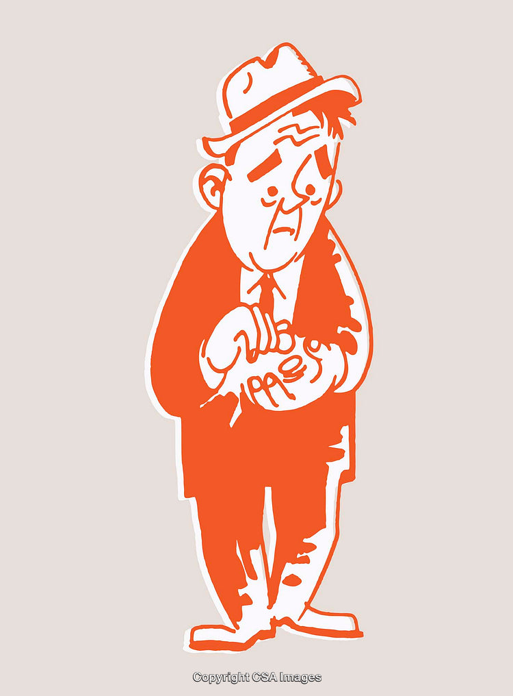 Vintage Line Art Illustration of a Thoughtful Cartoon Gentleman in Orange