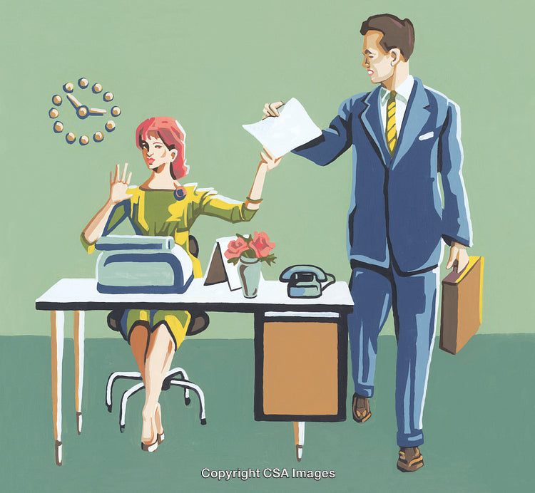 Retro Office Scene Showcasing Professional Interaction and Desktop Organization