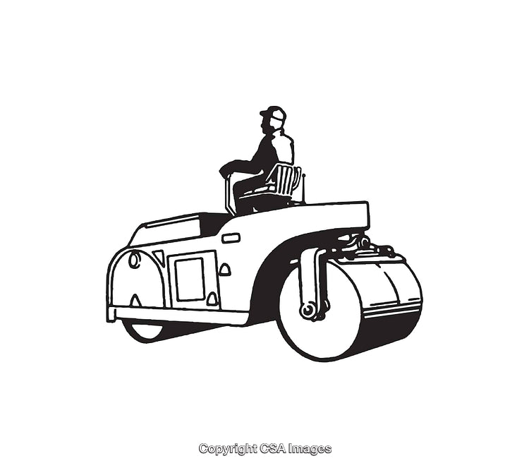 Black and White Line Art of Worker Driving a Road Roller