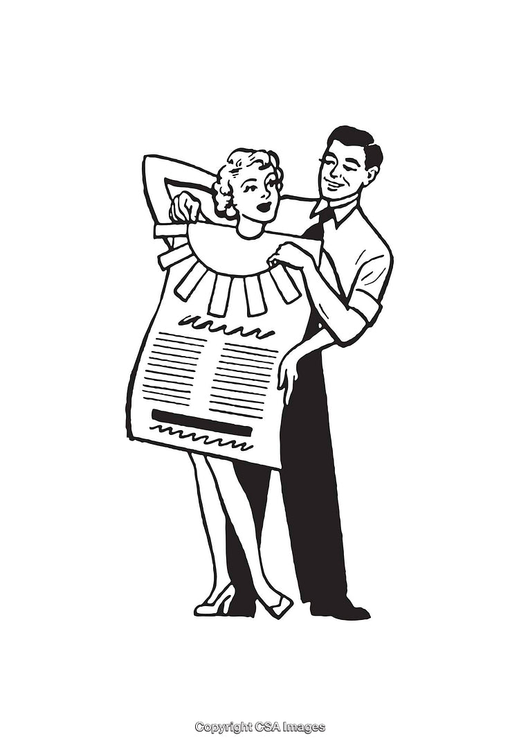 Retro Black and White Line Art of a Couple with Decorated Clothing
