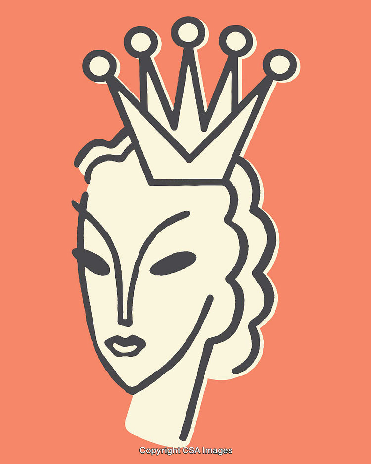 Abstract Line Art Illustration of Crowned Figure Against Orange Background