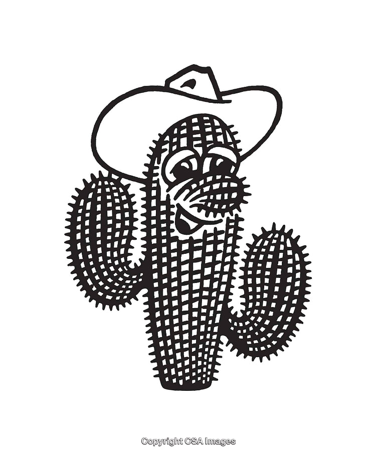 Playful Cartoon Cactus Character Wearing a Cowboy Hat in Line Art Style