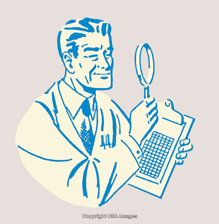 Color Illustration of Professional With Magnifying Glass and Clipboard