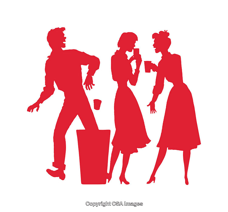 Red Silhouette of People Interacting in a Playful Retro Style