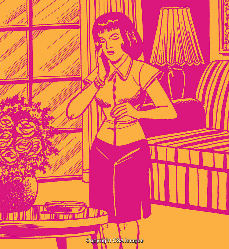 Retro Illustration of Woman on Phone in 1950s Styled Living Room