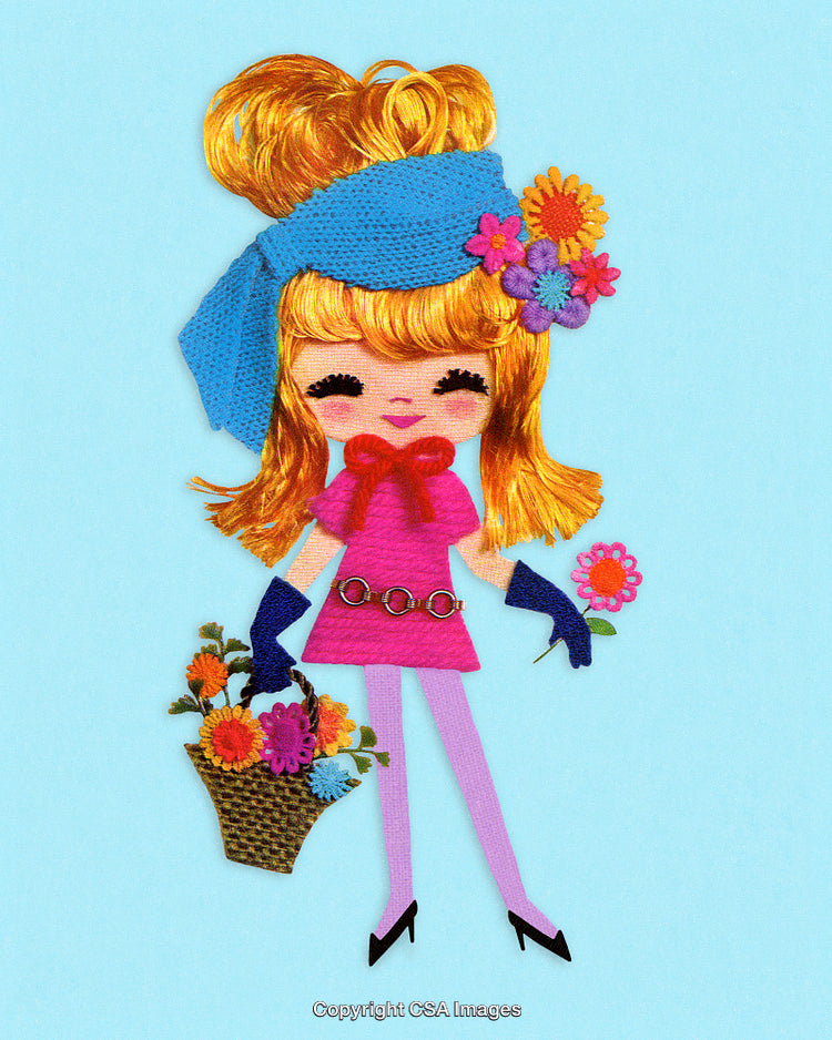 Whimsical Character with Flowers in Basket on Light Blue Background