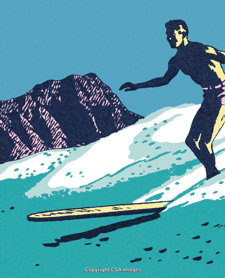 Colorful Artwork of a Surfer Riding Ocean Waves Near Majestic Cliffs