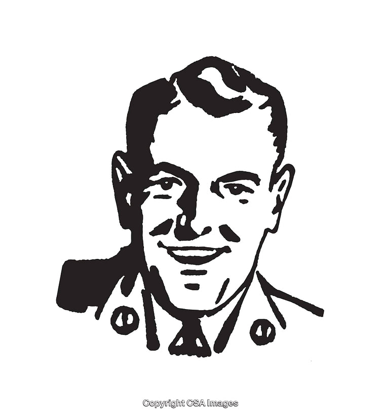 Black and White Line Art Illustration of a Smiling Man in Uniform