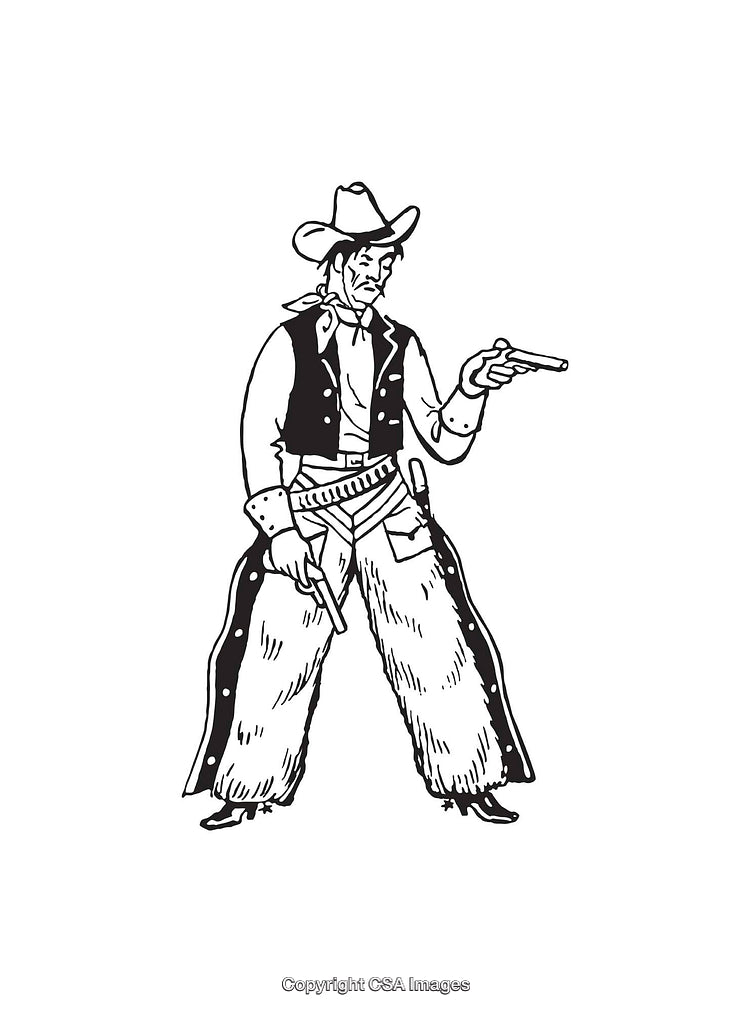 Black and White Line Art of a Cowboy Standing With Pistol