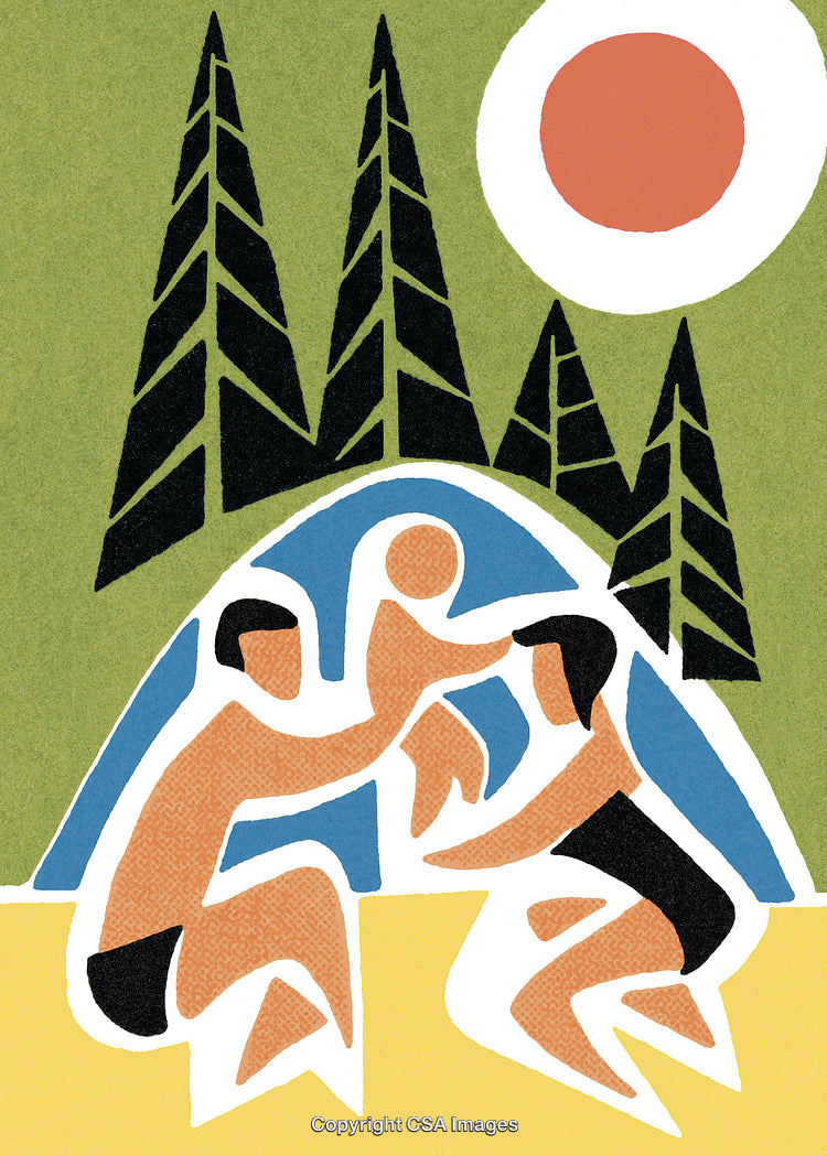 Family Enjoying Nature Outdoors with Trees and Sun Art Illustration