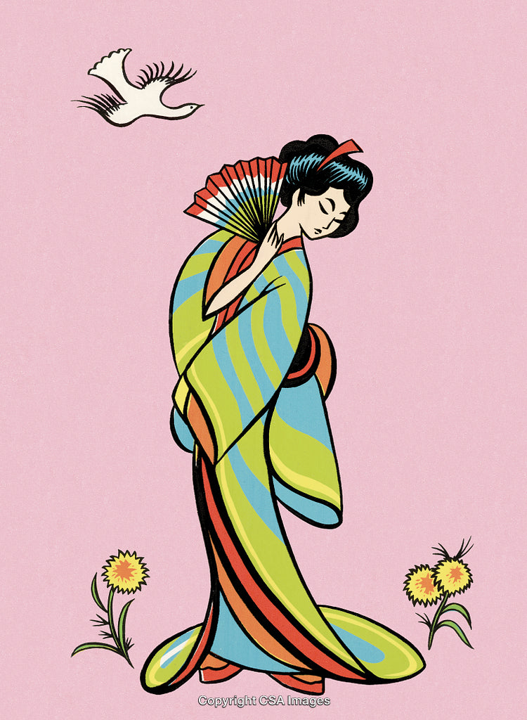 Elegant Woman in Traditional Kimono with Fan and Crane Illustration