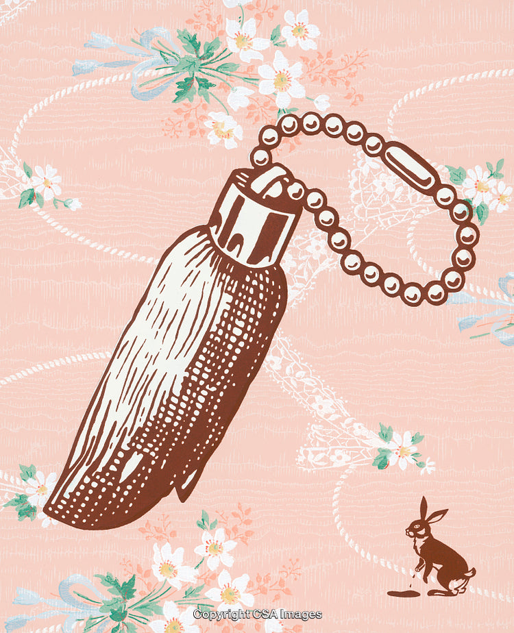 Vintage Graphic Keychain Illustration on Floral Patterned Background