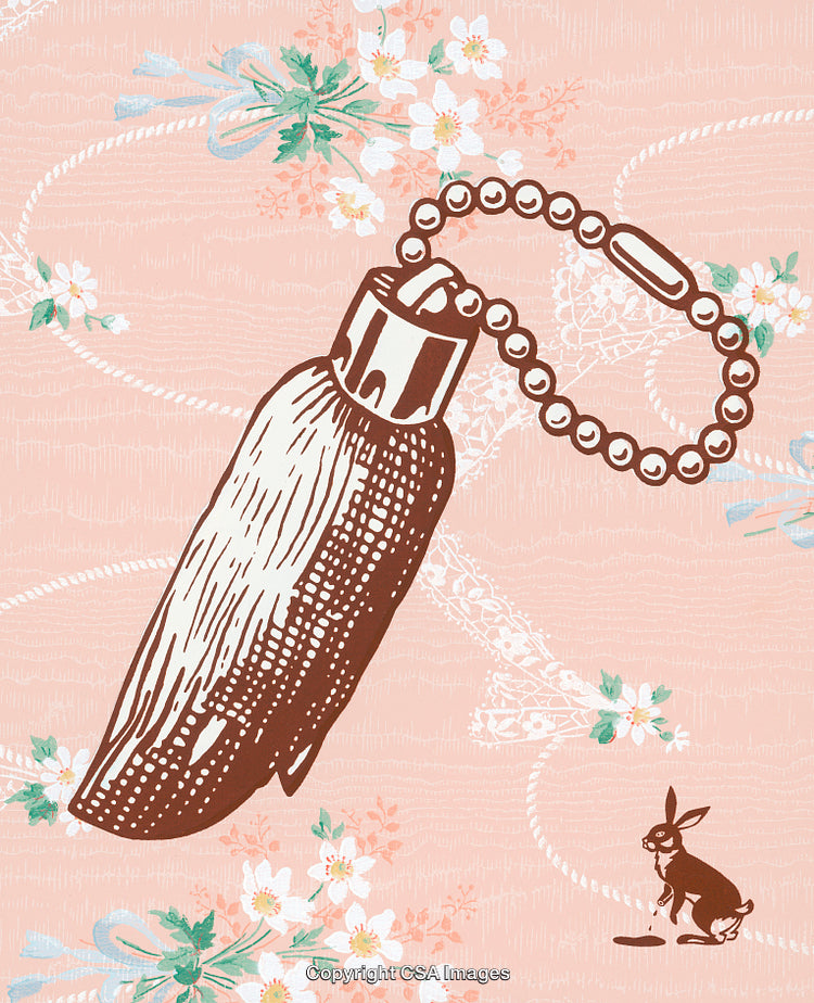 Vintage Graphic Keychain Illustration on Floral Patterned Background