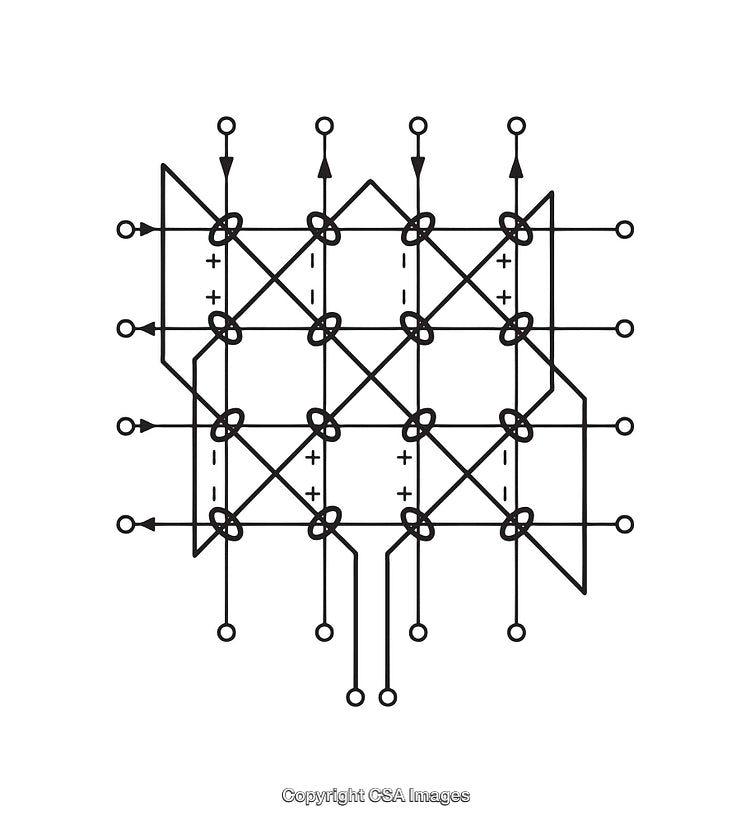 Black And White Diagram of a Circuit Matrix with Positive Symbol Indicators