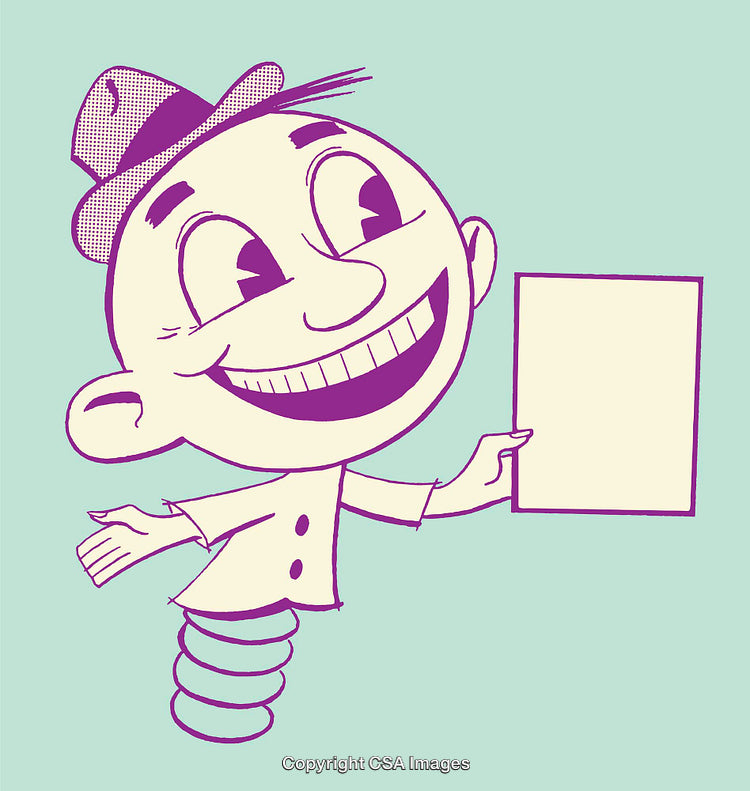 Retro Cartoon Character with Playful Expression Holding Blank Paper