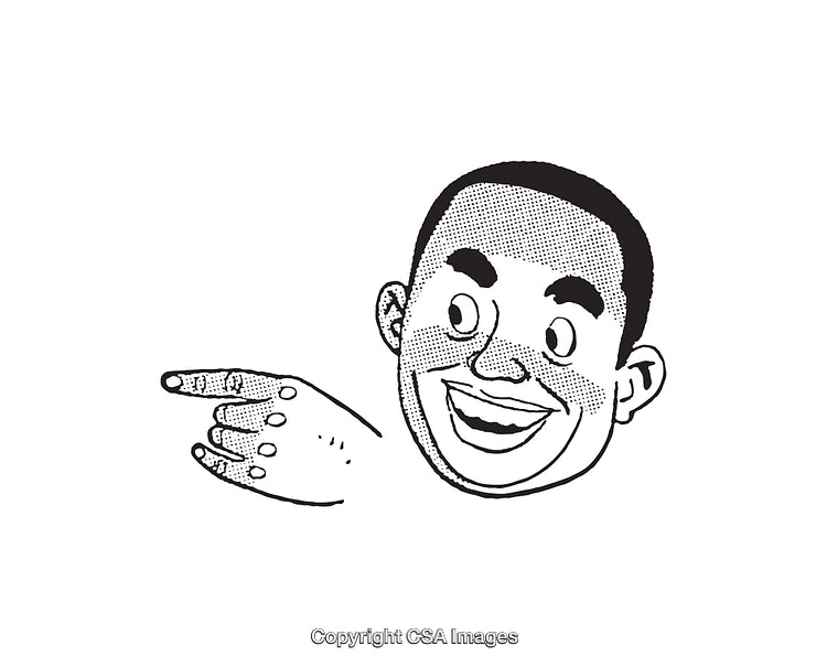 Black and White Cartoon Illustration of a Smiling Character Pointing Right