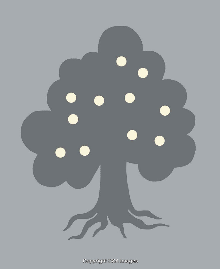 Minimalist Gray Tree Illustration with Bright Circle Accents