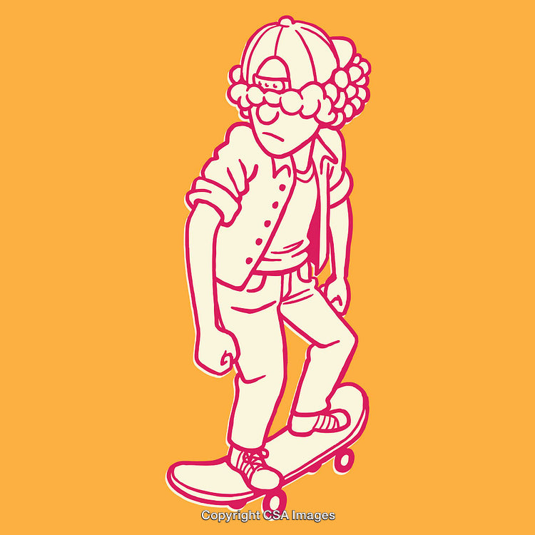 Playful Illustration of a Cool Young Skateboarder on an Orange Background