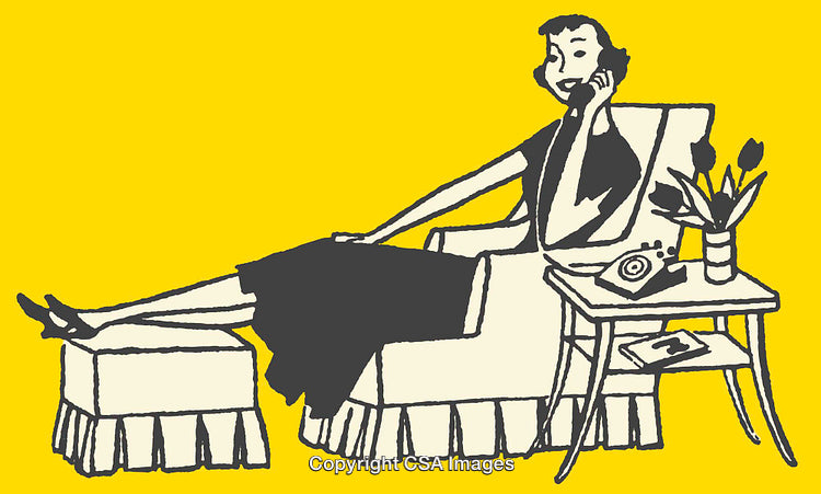 Vintage Illustration of Relaxed Woman in Chair with Telephone on Yellow Background