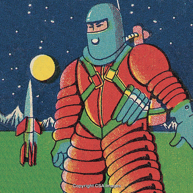 Retro Futuristic Astronaut Stands Near Rocket in Outer Space Scene