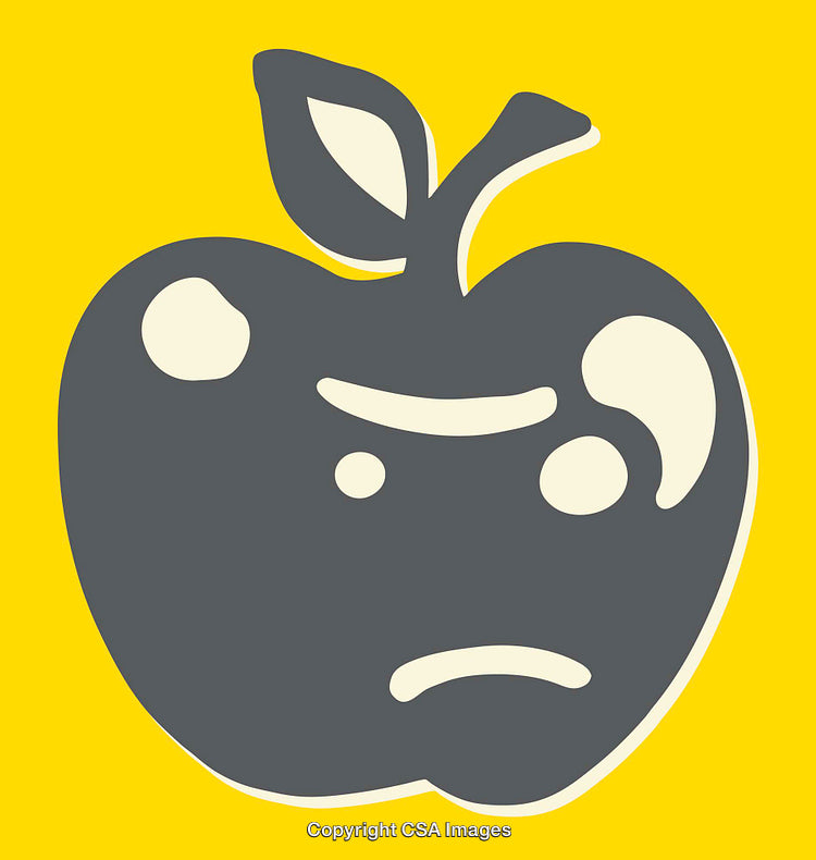 Dark Stylized Apple Face on Yellow Background in Line Art Style