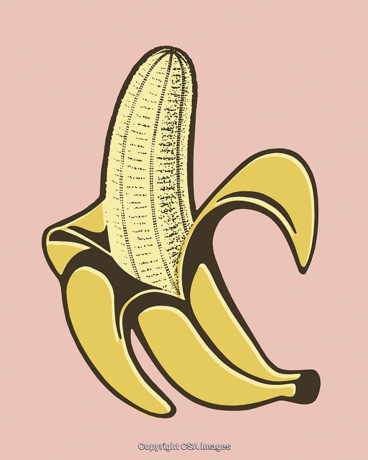 Illustration of a Vibrantly Colored Opened Banana on a Pale Background