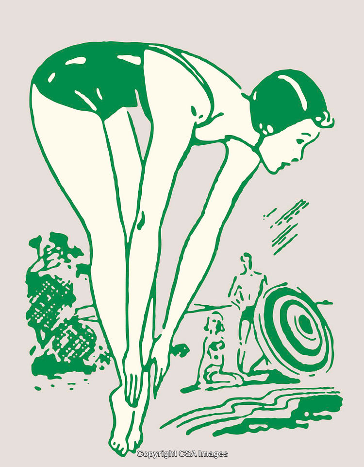 Retro Line Art with Diving Figure and Beach Scene