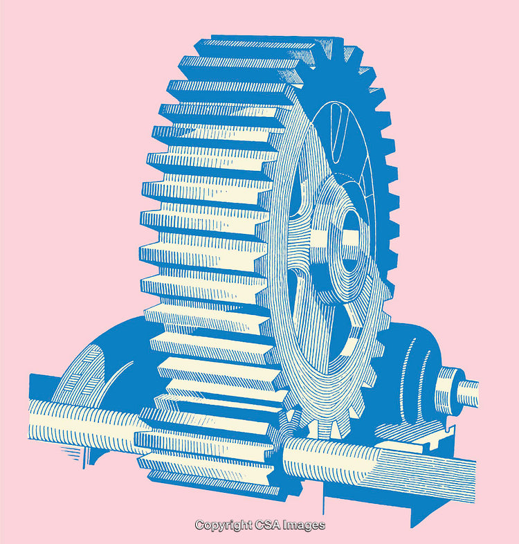 Detailed Blue Line Art Illustration of Mechanical Gears on Pink Background