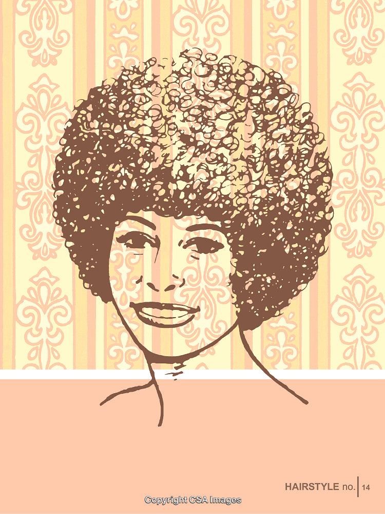 Vintage Illustration of Woman With Afro Hairstyle and Decorative Background