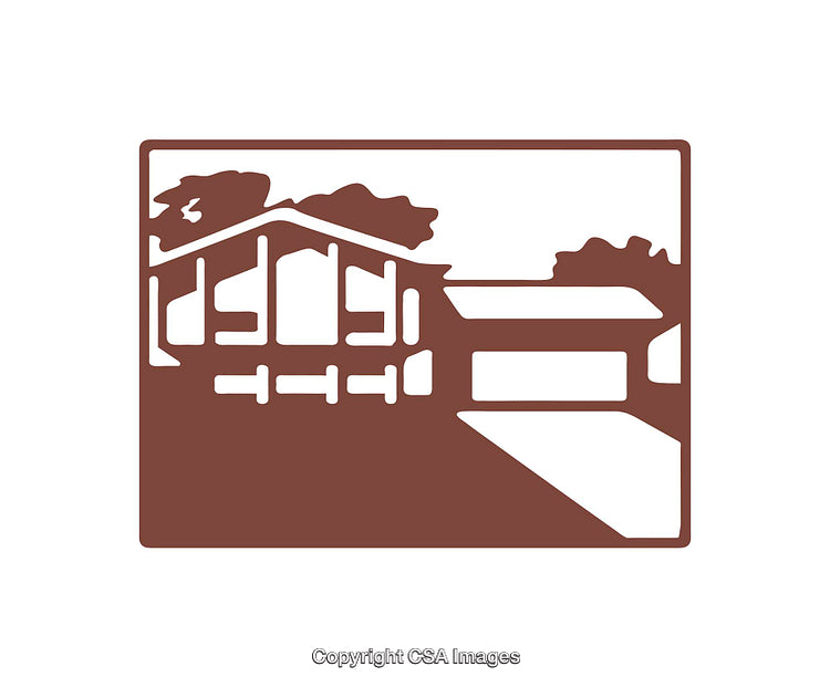 Mid-Century Modern House Icon with Trees and Driveway in Bold Design