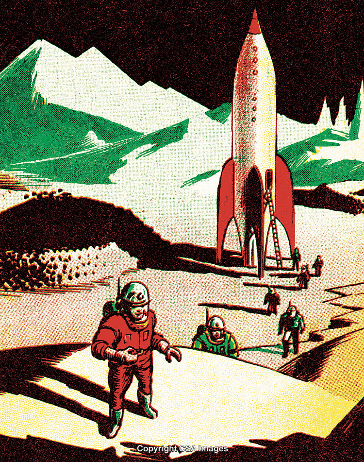 Retro Illustration of Spacemen Exploring Planet with Rocket and Alien Scenery