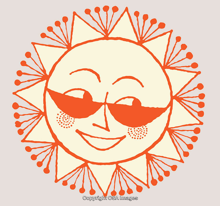 Vibrant Smiling Sun Illustration with Sunglasses and Radiating Lines on Beige