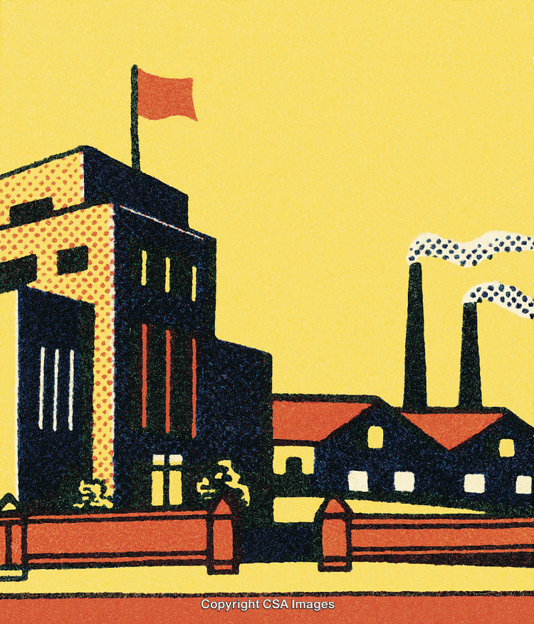 Retro Styled Industrial Building with a Red Flag Against a Yellow Background