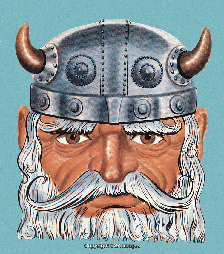 Illustration of a Viking Helmet with a Bearded Warrior's Face