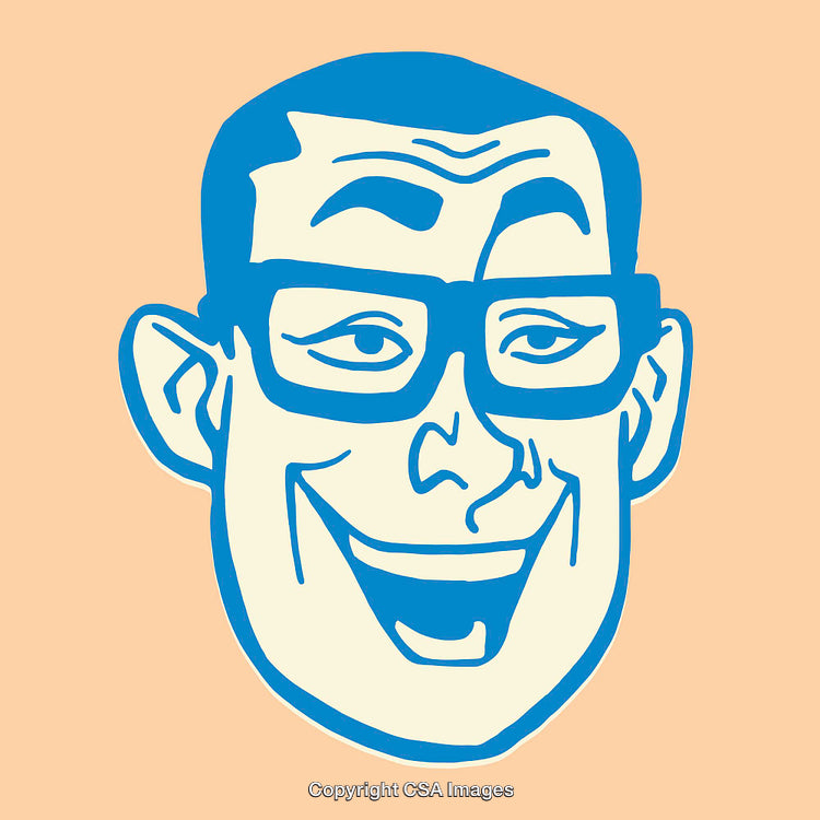 Colorful Retro Style Illustration of a Smiling Male Character with Glasses