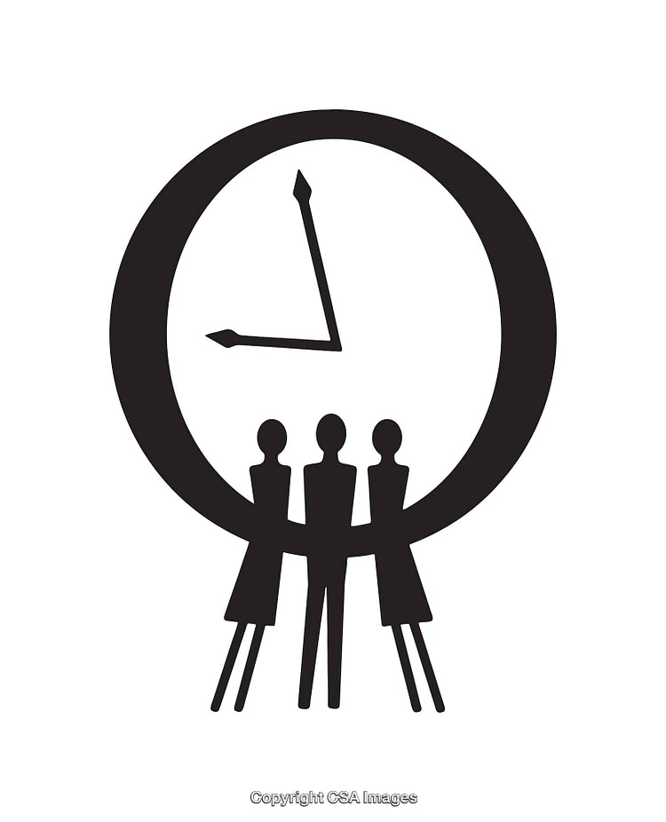 Black and White Line Art of Clock with Human Shapes