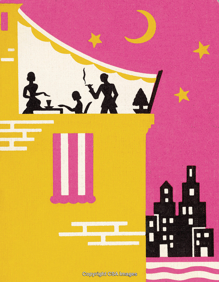 Stylish Silhouette Scene of Evening Rooftop Gathering with Urban Background