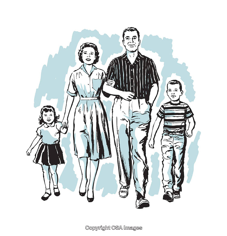Happy Retro Family Walking Together in Vintage Illustration Artwork
