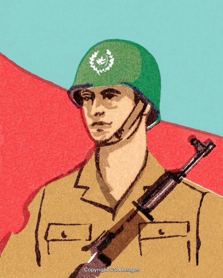 Illustration of Soldier in Green Helmet with Rifle on Abstract Background