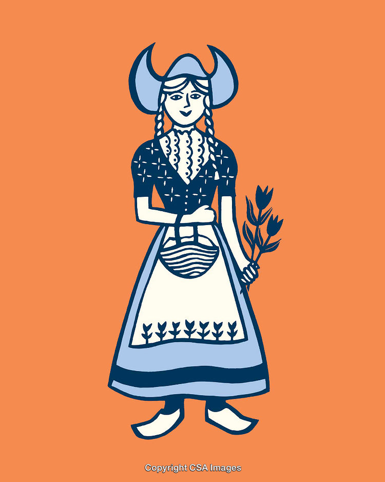 Folk-Style Illustration of a Woman in Traditional Attire Holding Flowers