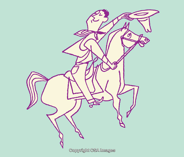 Line Art Illustration of a Man Riding Horse Waving a Hat in Celebration