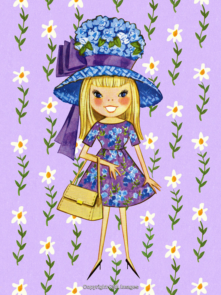 Whimsical Illustration of a Woman in Floral Hat and Dress on Lavender Background