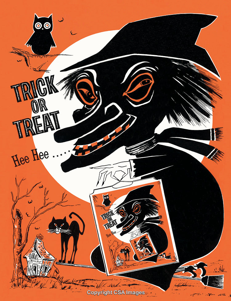 Vintage Halloween Illustration Featuring a Witch with Fun Decorations