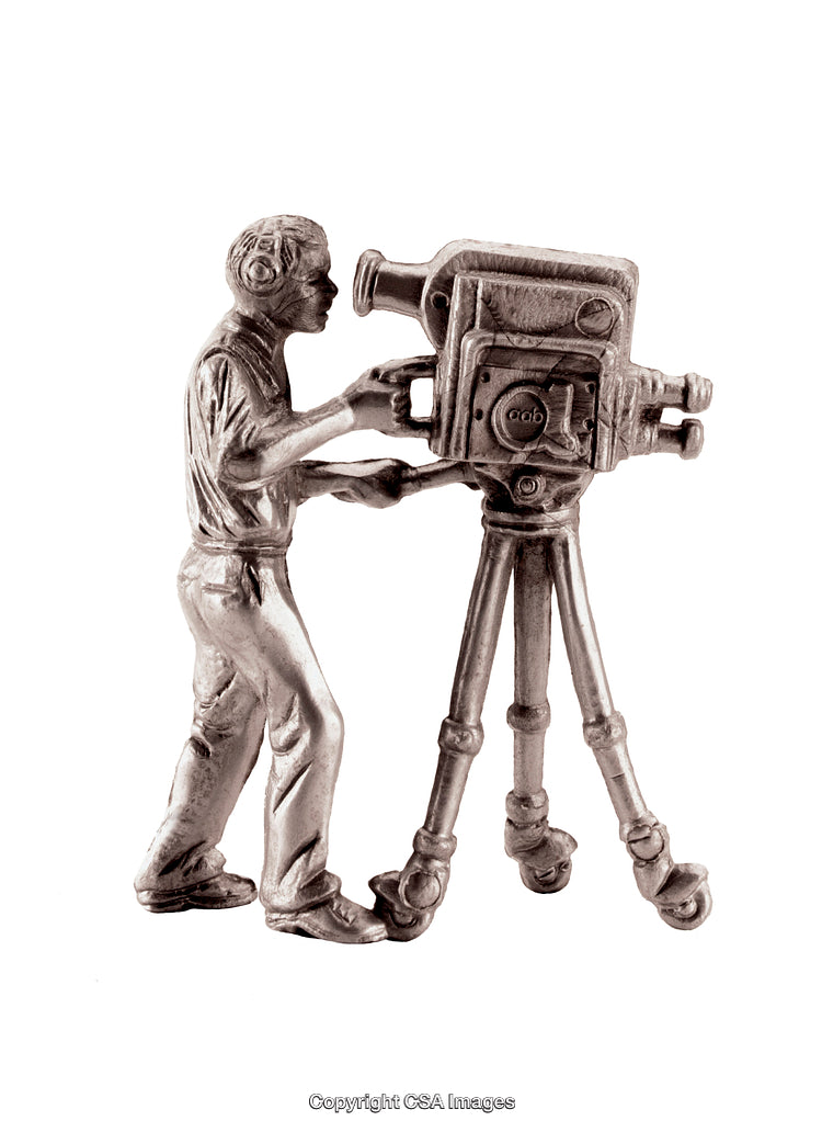 Metallic Figurine of Cameraman Operating a Vintage Film Camera