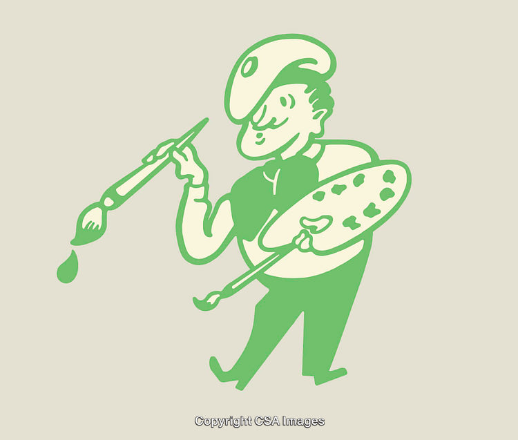 Illustration of a Painter Using a Palette and Brushes in Green Tones