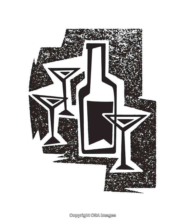 Abstract Black and White Illustration of Wine Bottle and Glasses