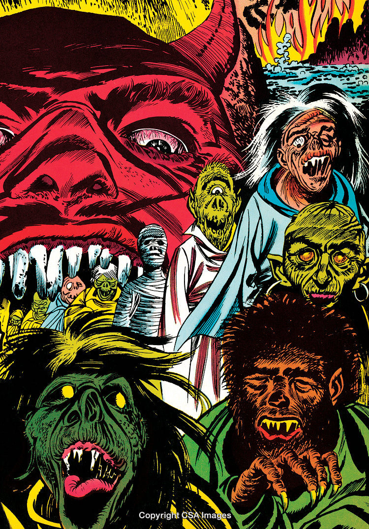 Colorful Comic Style Illustration Depicting Monsters and a Fiery Scene